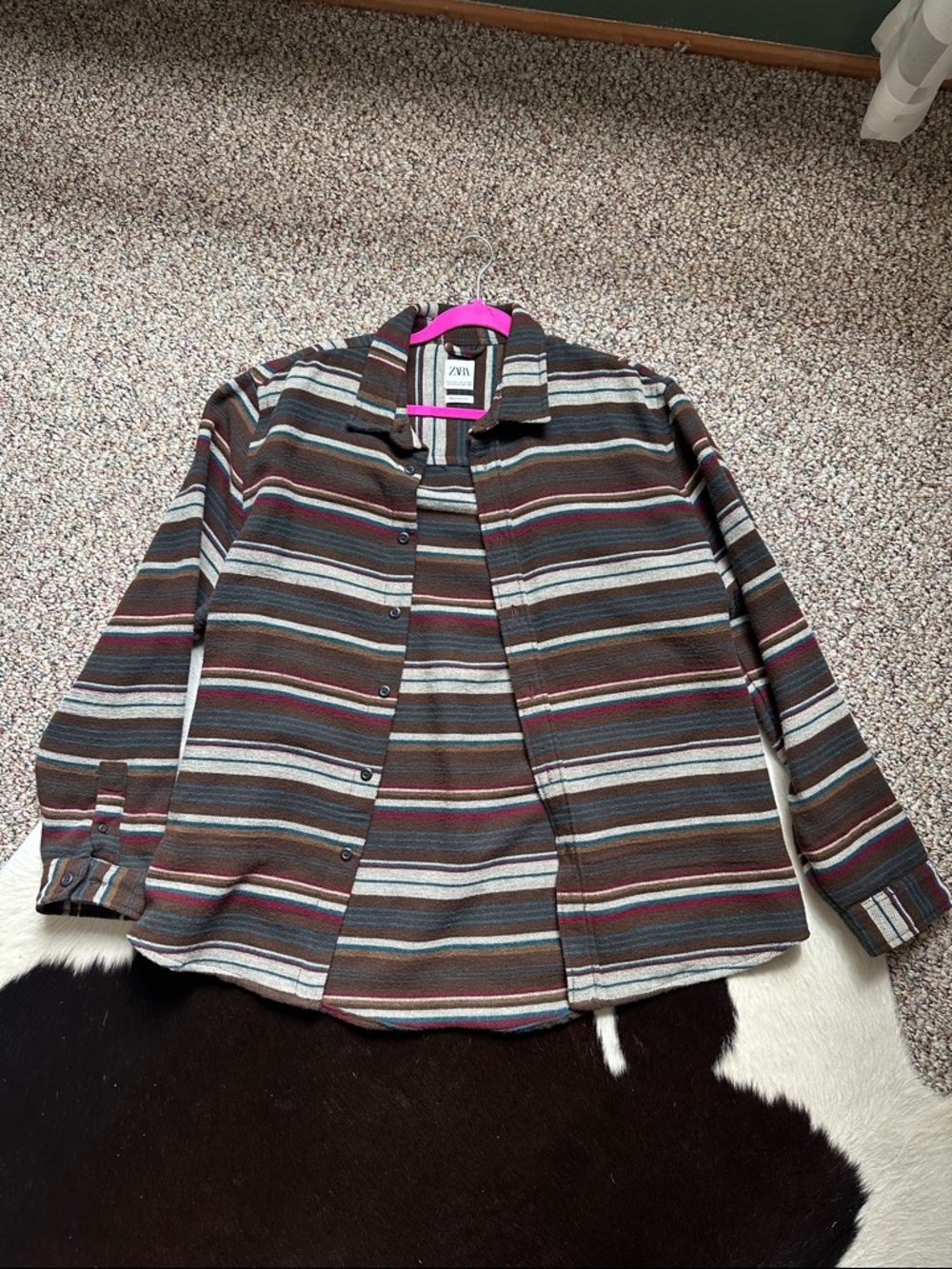 Zara Brown Striped Button-Down Shirt with Multicolor Bands